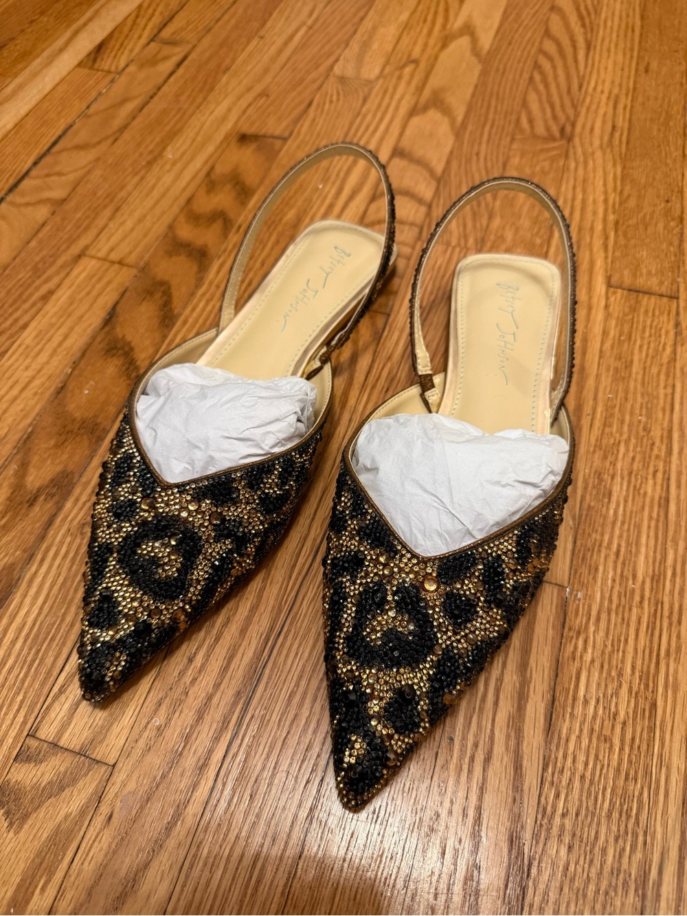 Betsey Johnson Rhinestone Leopard-Print Pointed Slingback Flats - Black & Gold